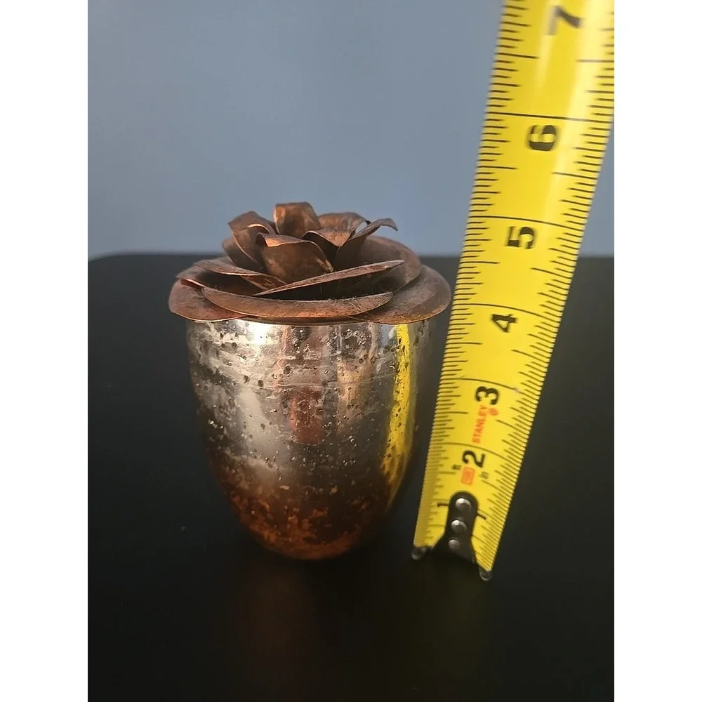 Copper Metal Rose Flower Top‎ handcrafted  bent welded & Partial Candle Glass
